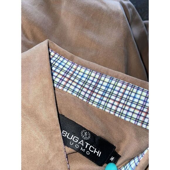 Bugatchi Woven Button Shirt Men’s Medium Short Sleeve Twill Tan Pocket Minimal - Picture 6 of 7